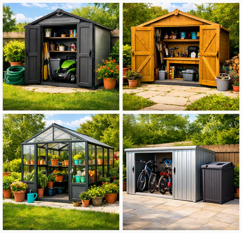 Four different versions of sheds in garden settings