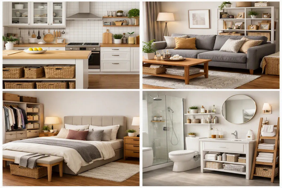 Different rooms in a house showing cabinets, shelving and storage items