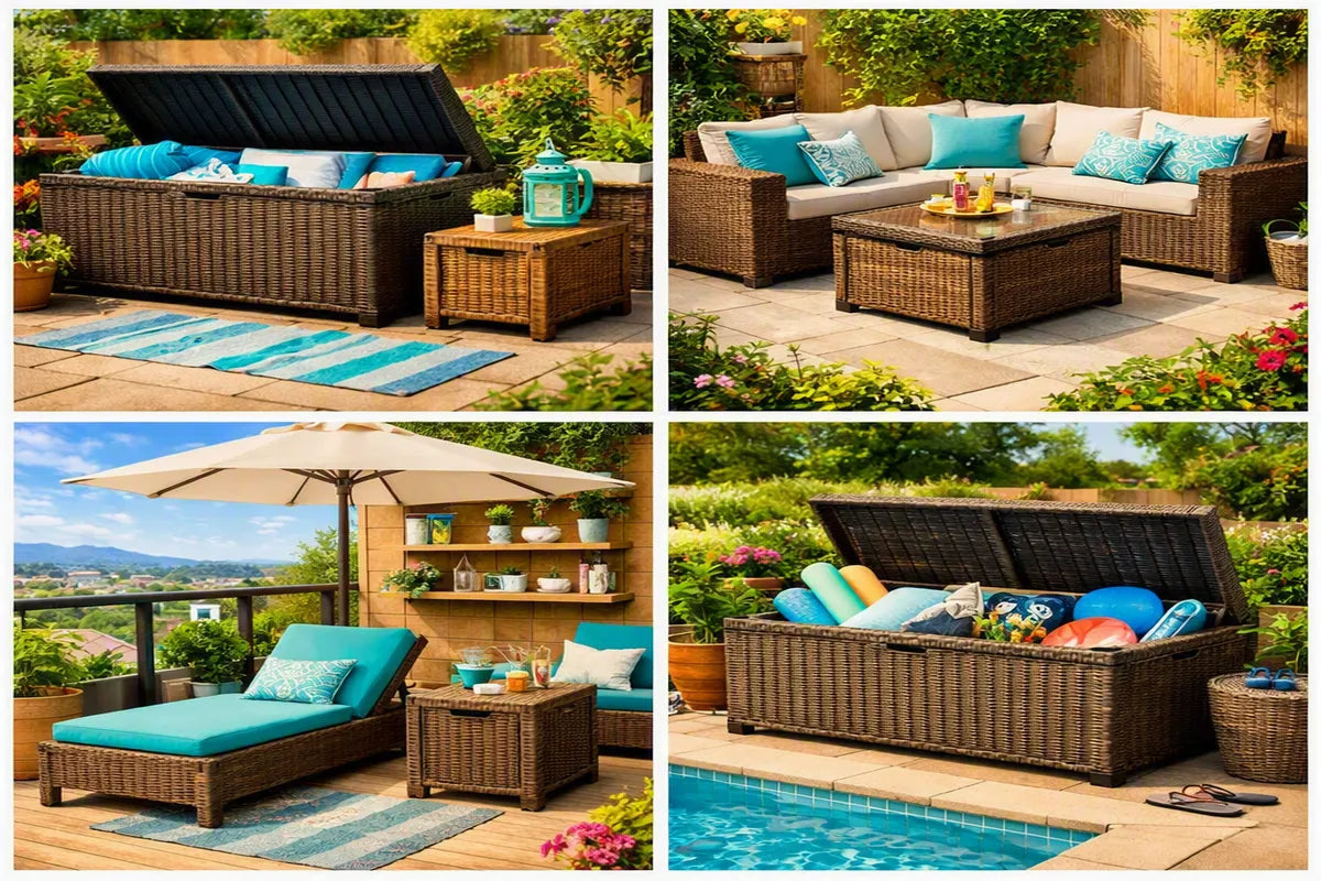 Various storage boxes in garden settings
