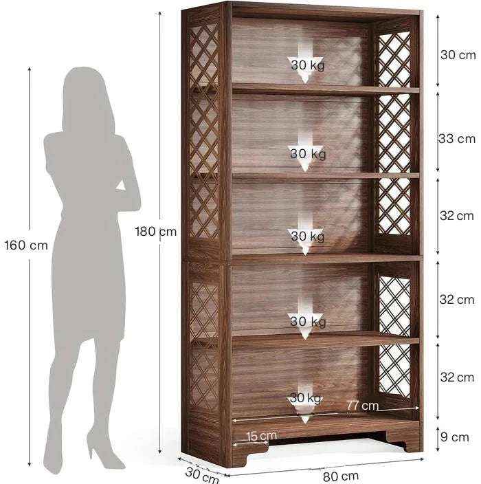 Classic 5-Tier Walnut Bookshelf - Traditional Library Display with Lattice Side Panels