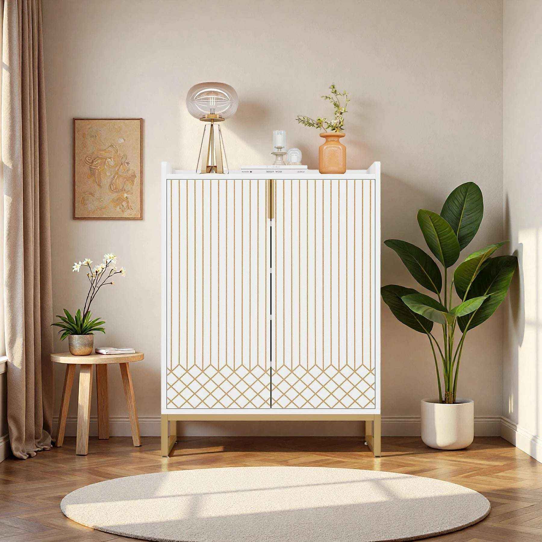 Art Deco Accent Cabinet - White & Gold Luxury Sideboard & Bar Station