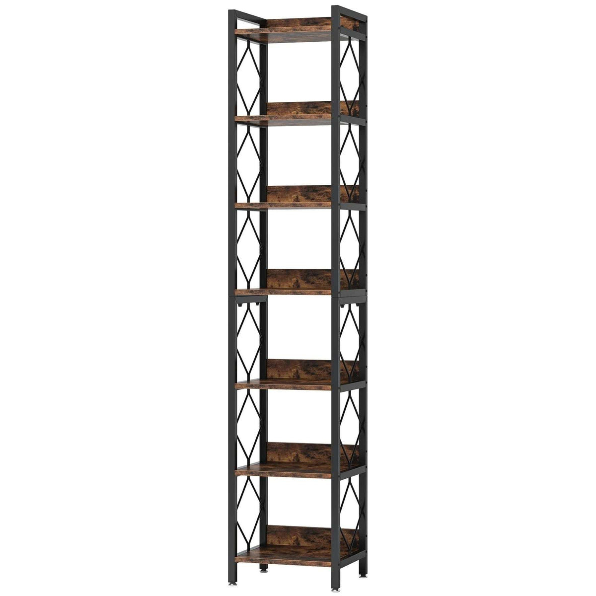 200cm Slim 7-Tier Industrial  Bookshelf - Rustic Wood & Black Metal Display Tower. - Zalynco
