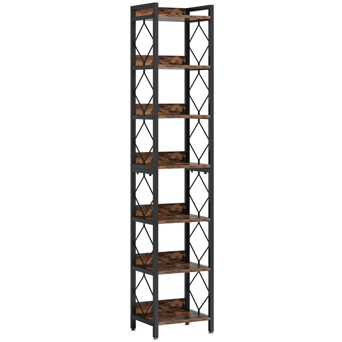 200cm Slim 7-Tier Industrial  Bookshelf - Rustic Wood & Black Metal Display Tower. - Zalynco