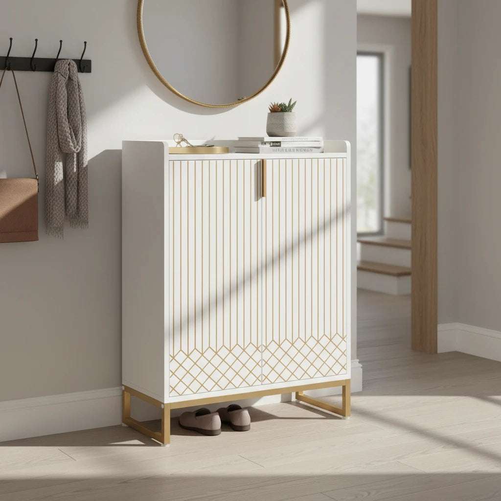 Art Deco Accent Cabinet - White & Gold Luxury Sideboard & Bar Station - Zalynco