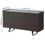 A modern sideboard cabinet with three dark brown doors, a gray marble-patterned top, and black metal legs, shown with dimension lines indicating 150 cm width, 45 cm depth, and 80 cm height.