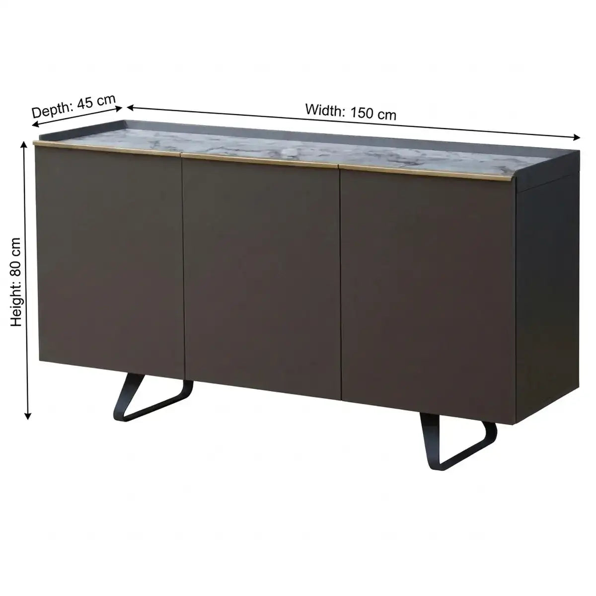 A modern sideboard cabinet with three dark brown doors, a gray marble-patterned top, and black metal legs, shown with dimension lines indicating 150 cm width, 45 cm depth, and 80 cm height.