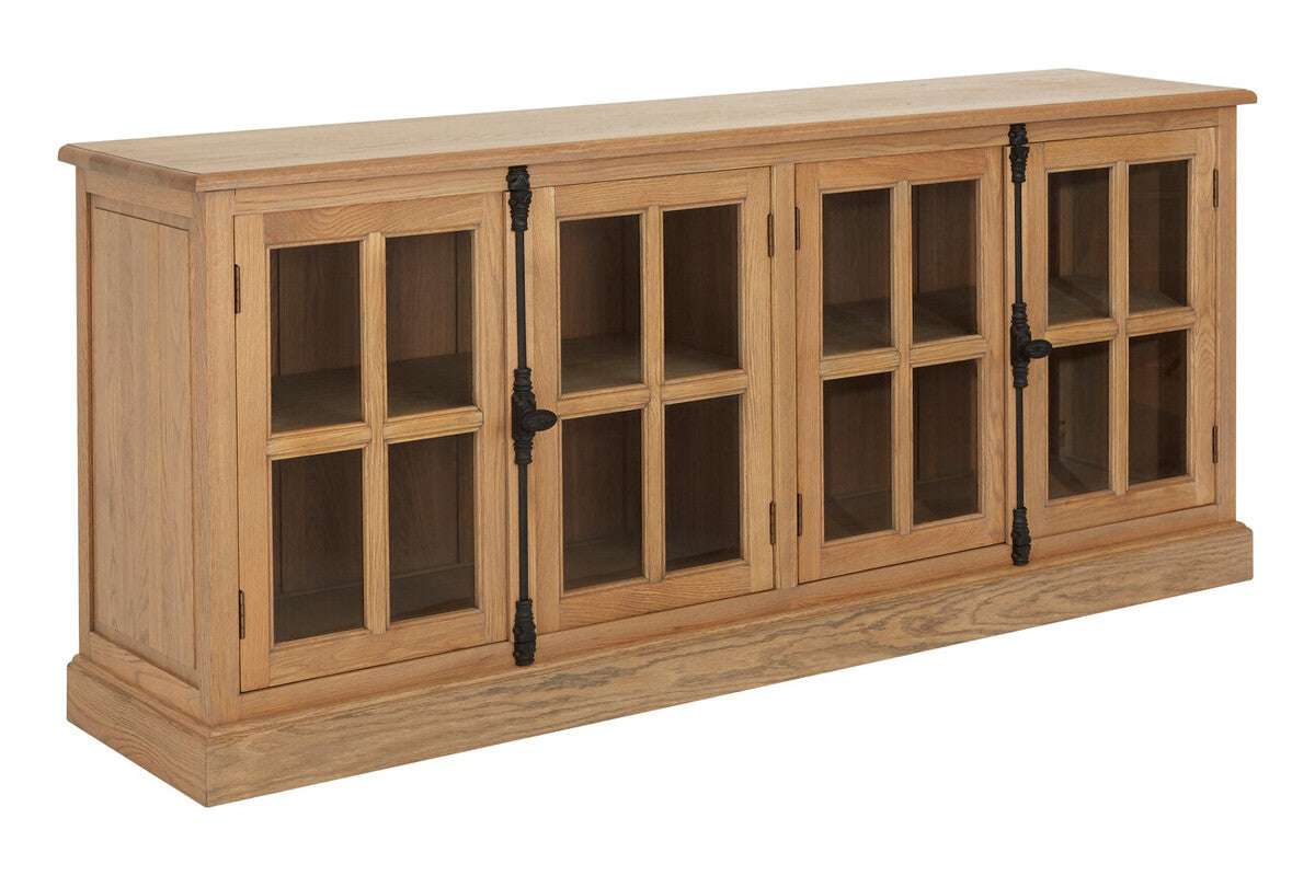 Wooden cabinet with glass doors on a white background