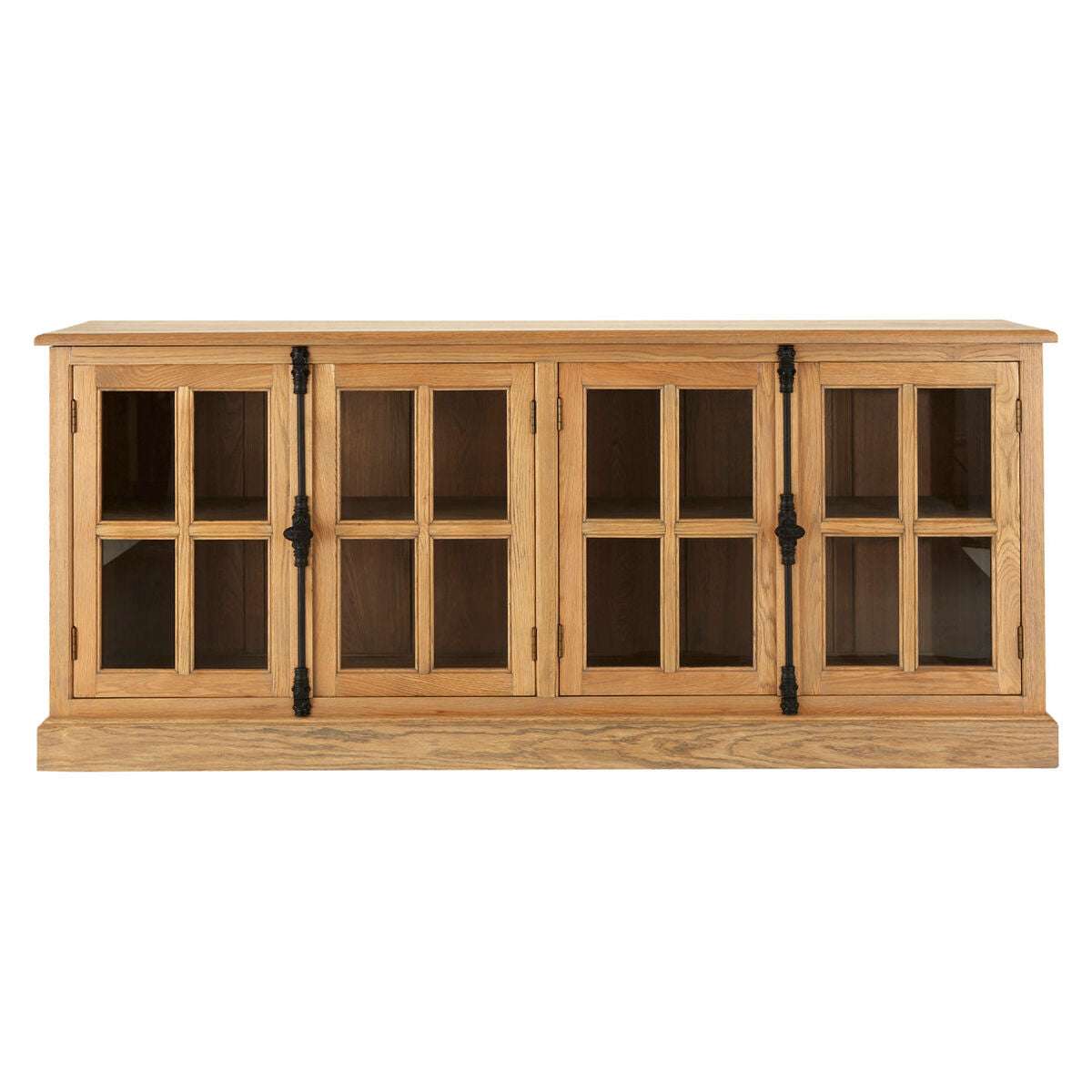 A light oak wood sideboard cabinet with four glass-paneled doors and black metal hinges, shown against a plain white background. Main image