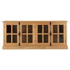 A light oak wood sideboard cabinet with four glass-paneled doors and black metal hinges, shown against a plain white background.