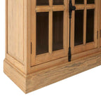 Wooden cabinet with glass doors and a black handle on a white background