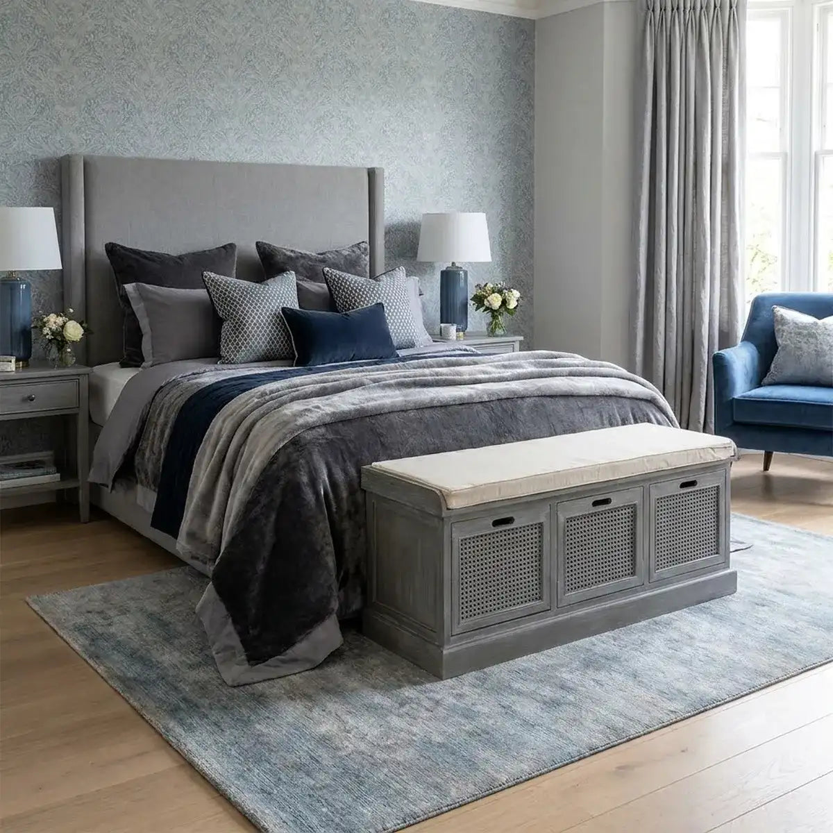 A gray wooden storage bench with a cream cushion at the foot of a bed in a with gray and navy bedding and pillows, set against a textured blue-gray wall 