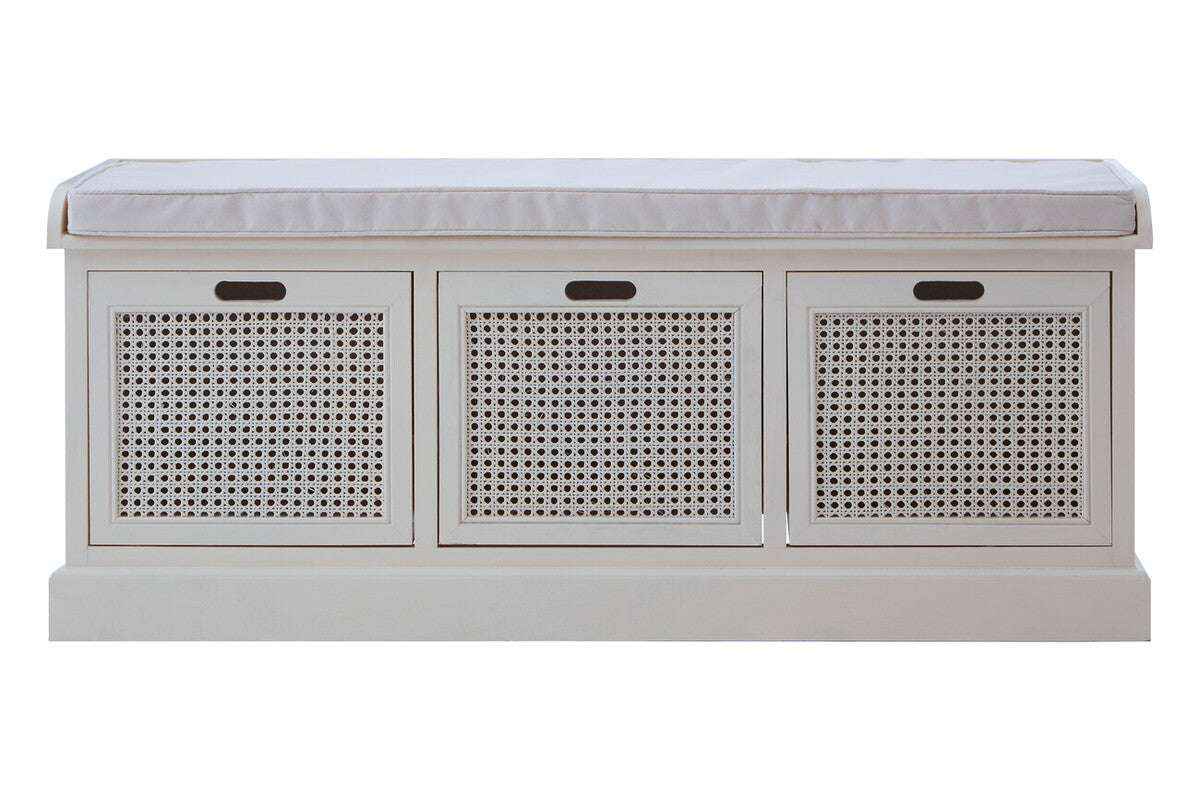 White Three Drawer Storage Bench with Cushion | Heritage