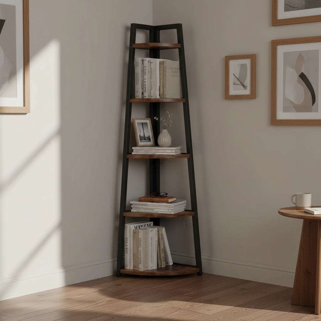Industrial Corner Bookshelf & Display Rack with Black Metal A-Frame. - Zalynco