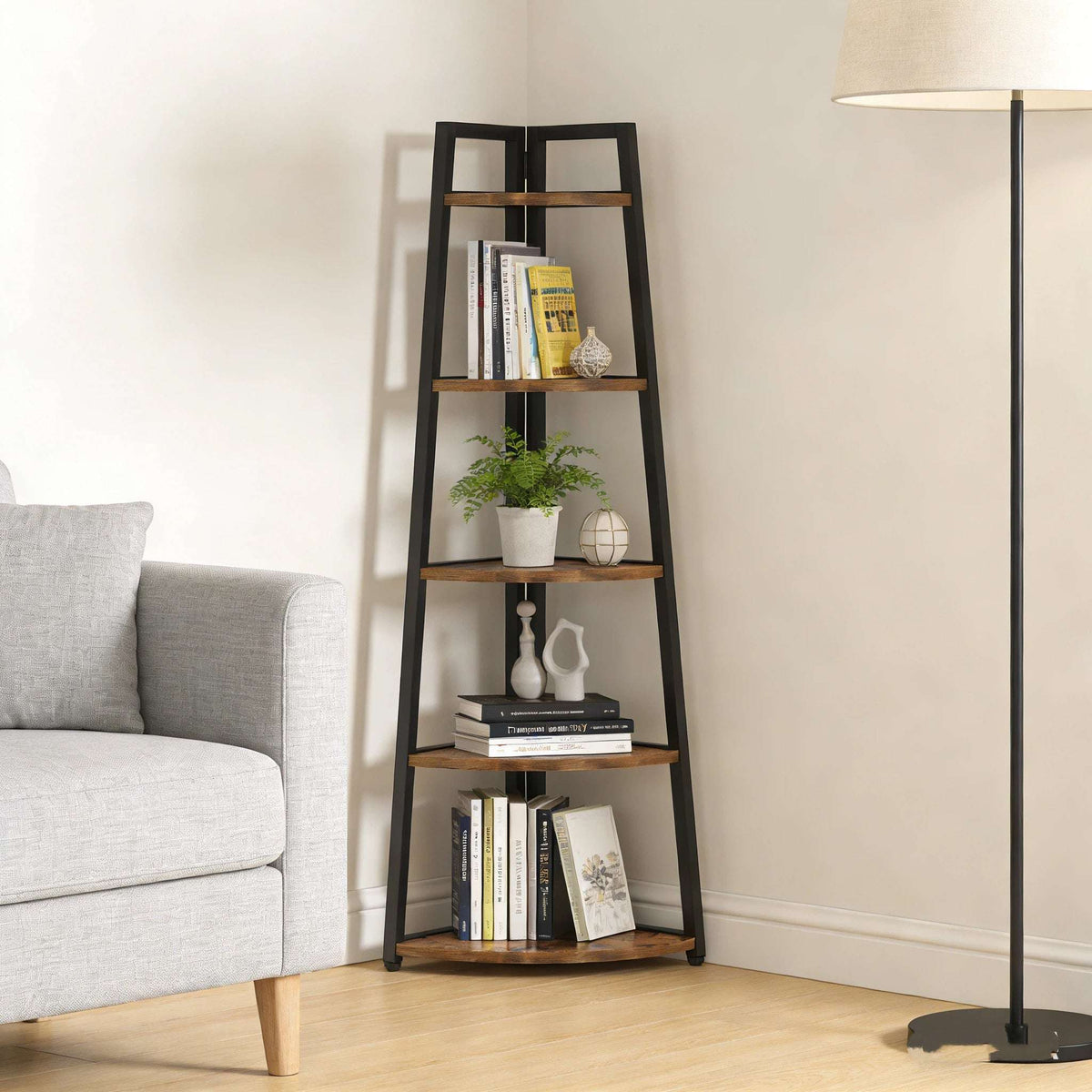 Industrial Corner Bookshelf & Display Rack with Black Metal A-Frame. - Zalynco