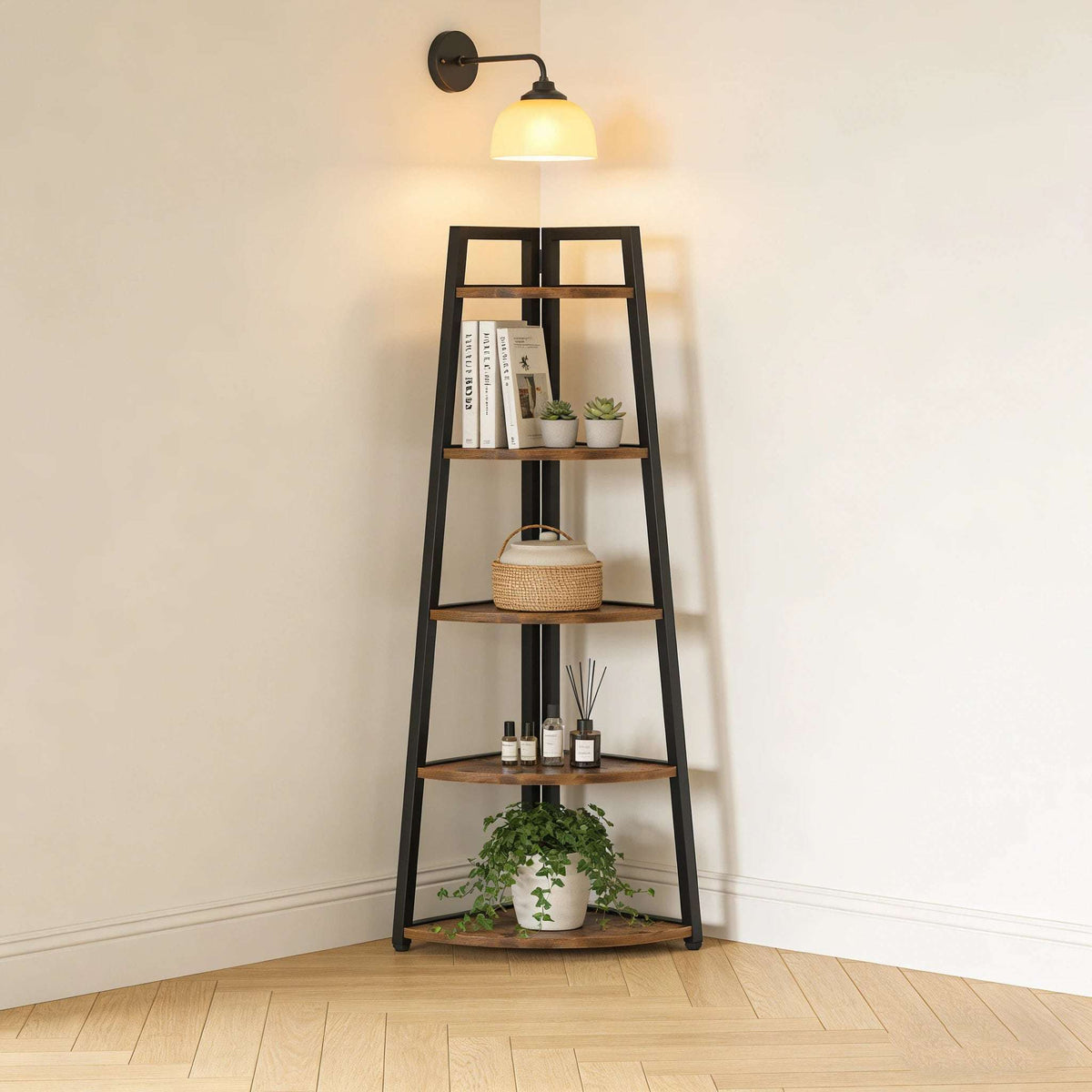 Industrial Corner Bookshelf & Display Rack with Black Metal A-Frame. - Zalynco