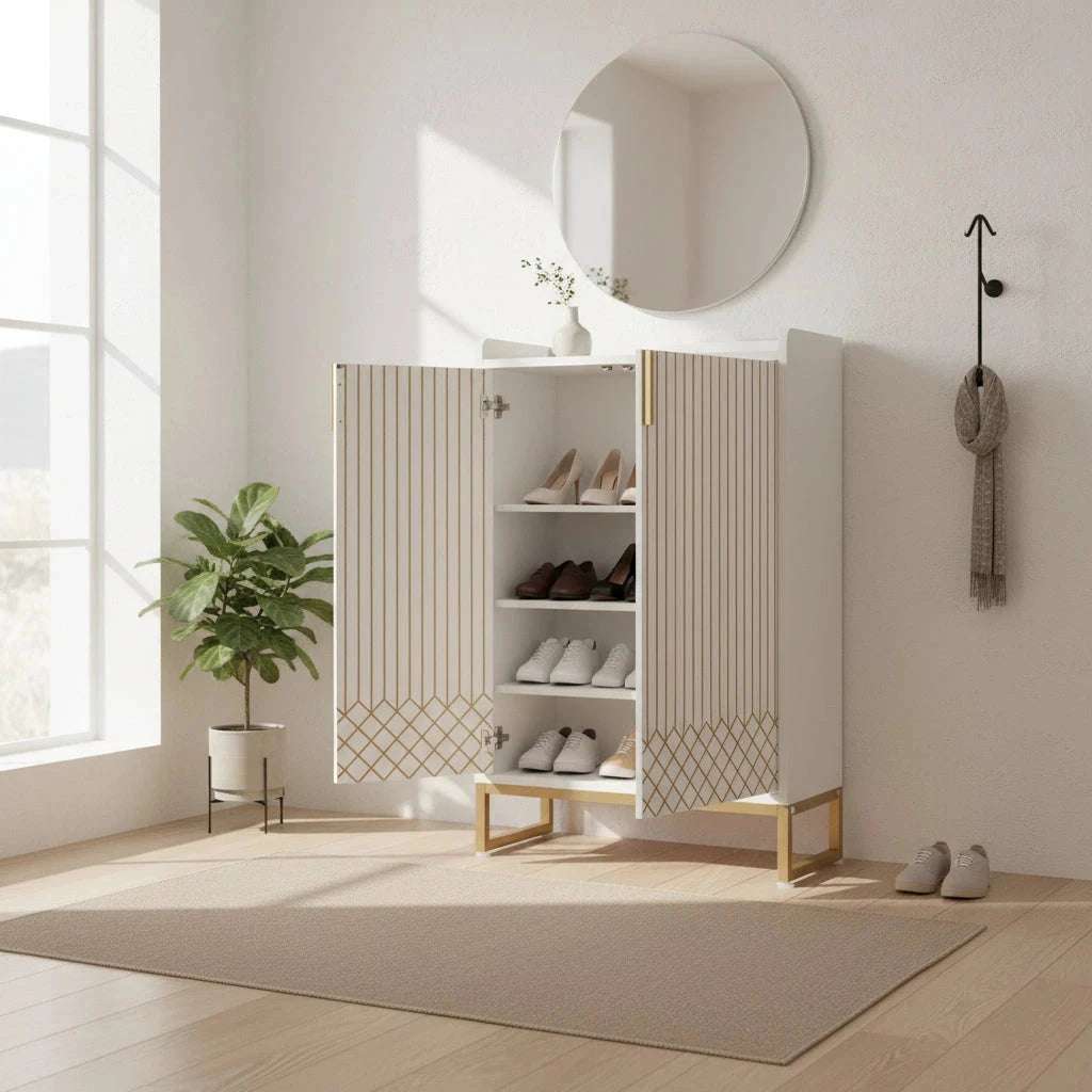 Art Deco Accent Cabinet - White & Gold Luxury Sideboard & Bar Station - Zalynco