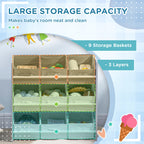 Storage system with 9 baskets and 3 layers on a light blue background with text about large storage capacity.