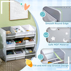 Children's storage unit with various compartments, safety features highlighted, and a child playing with toys.