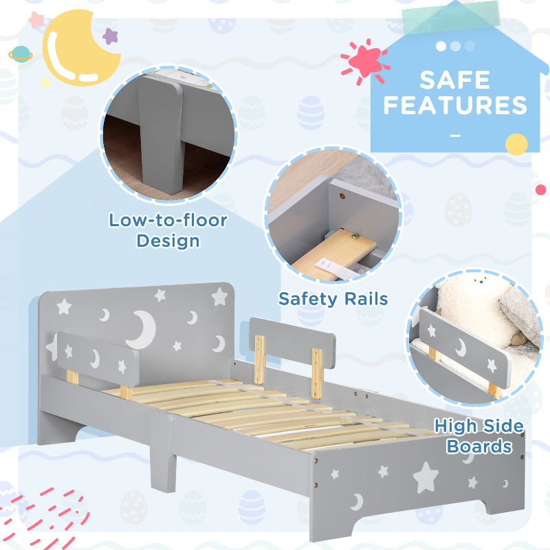Children's bed with safety features highlighted on a colorful background