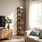 200cm Slim 7-Tier Industrial  Bookshelf - Rustic Wood & Black Metal Display Tower.