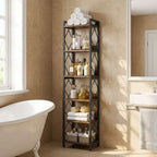 200cm Slim 7-Tier Industrial  Bookshelf - Rustic Wood & Black Metal Display Tower. - Zalynco