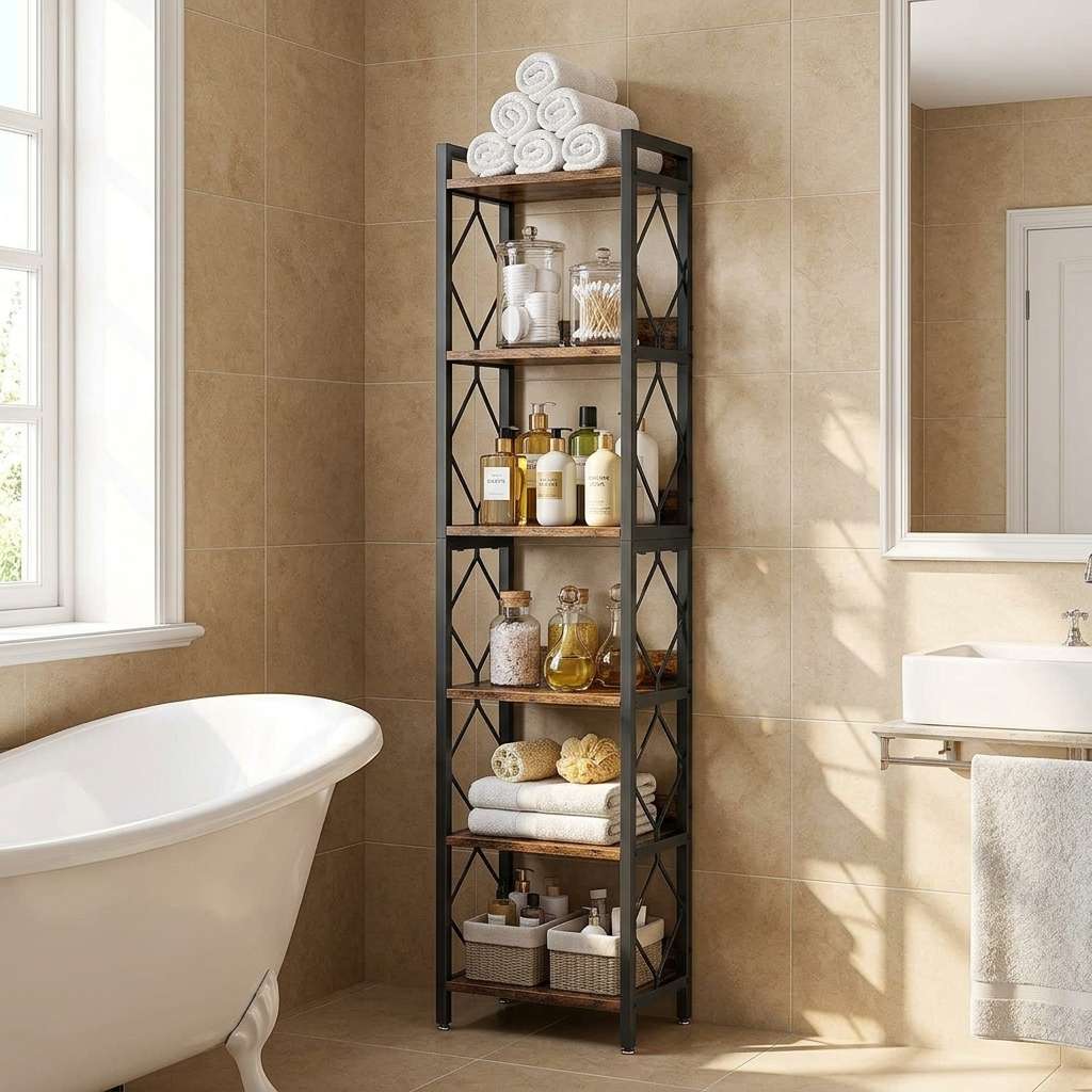 200cm Slim 7-Tier Industrial  Bookshelf - Rustic Wood & Black Metal Display Tower. - Zalynco