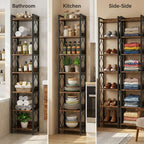 Three tall black metal shelving units   shown in bathroom, kitchen and side-storage room settings, filled with towels, bottles, dishes, shoes and folded clothing.