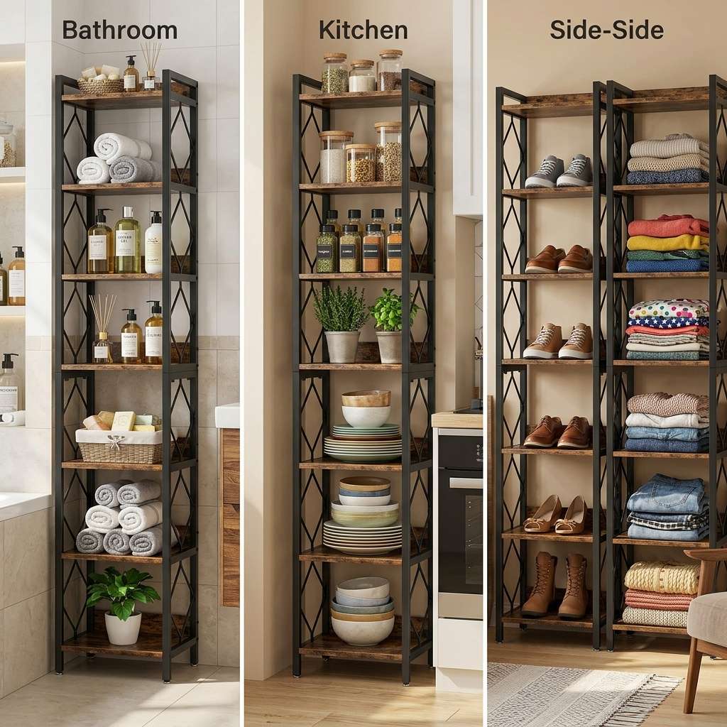 Three tall black metal shelving units   shown in bathroom, kitchen and side-storage room settings, filled with towels, bottles, dishes, shoes and folded clothing.