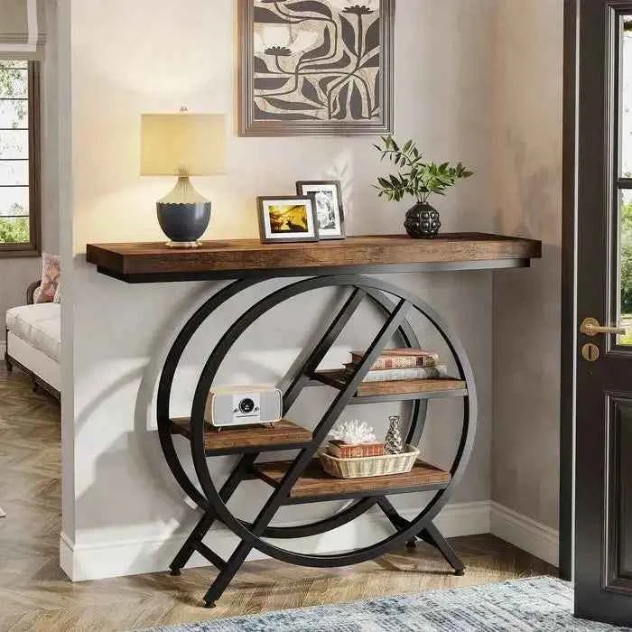 4-Tier Console Table, 100cm Entryway Table with Geometric Metal Frame