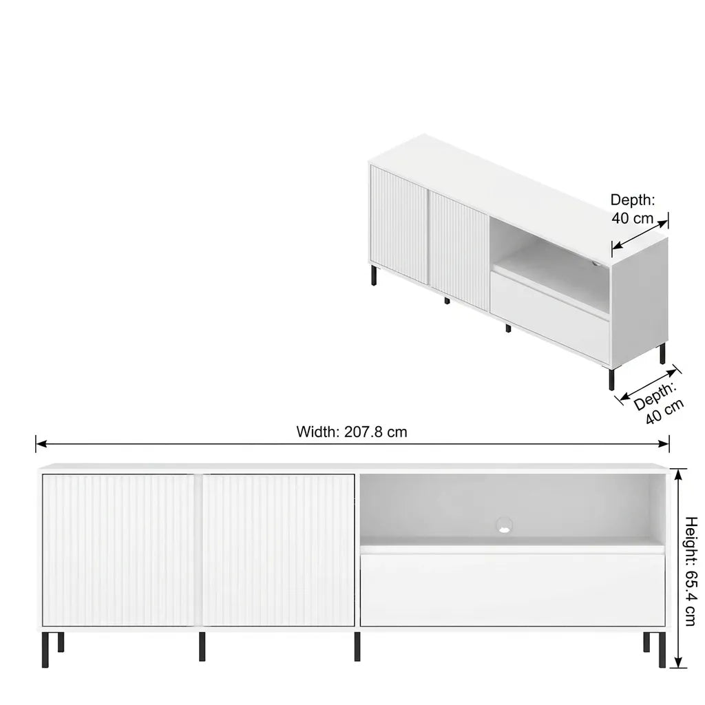 White cabinet with glass panel on a white background showing dimensions 207x65x40