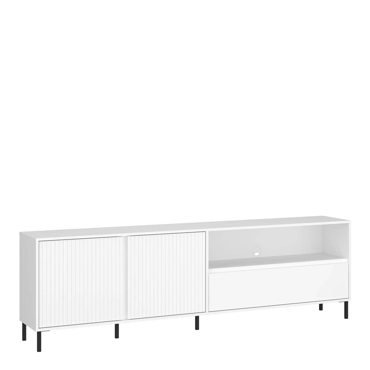 White sideboard with sliding doors on a white background