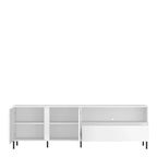 White storage unit with glass panels on a white background