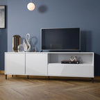 White entertainment console with a TV against a blue wall