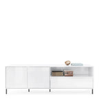 White sideboard with decorative items on a white background