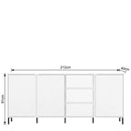 White sideboard cabinet with three vertical-panel doors and two center drawers, shown with dimension labels indicating 212 cm width, 91 cm height, and 40 cm depth.
