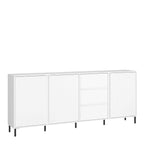 A modern white sideboard cabinet with two vertically ribbed doors, two center drawers, and two outer ribbed doors, supported by slim black legs, shown on a plain white background.