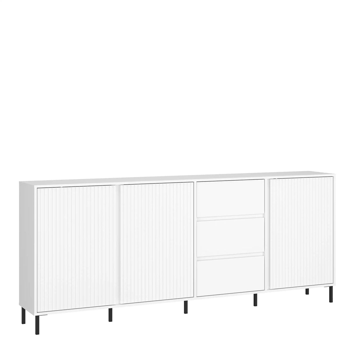 A modern white sideboard cabinet with two vertically ribbed doors, two center drawers, and two outer ribbed doors, supported by slim black legs, shown on a plain white background.