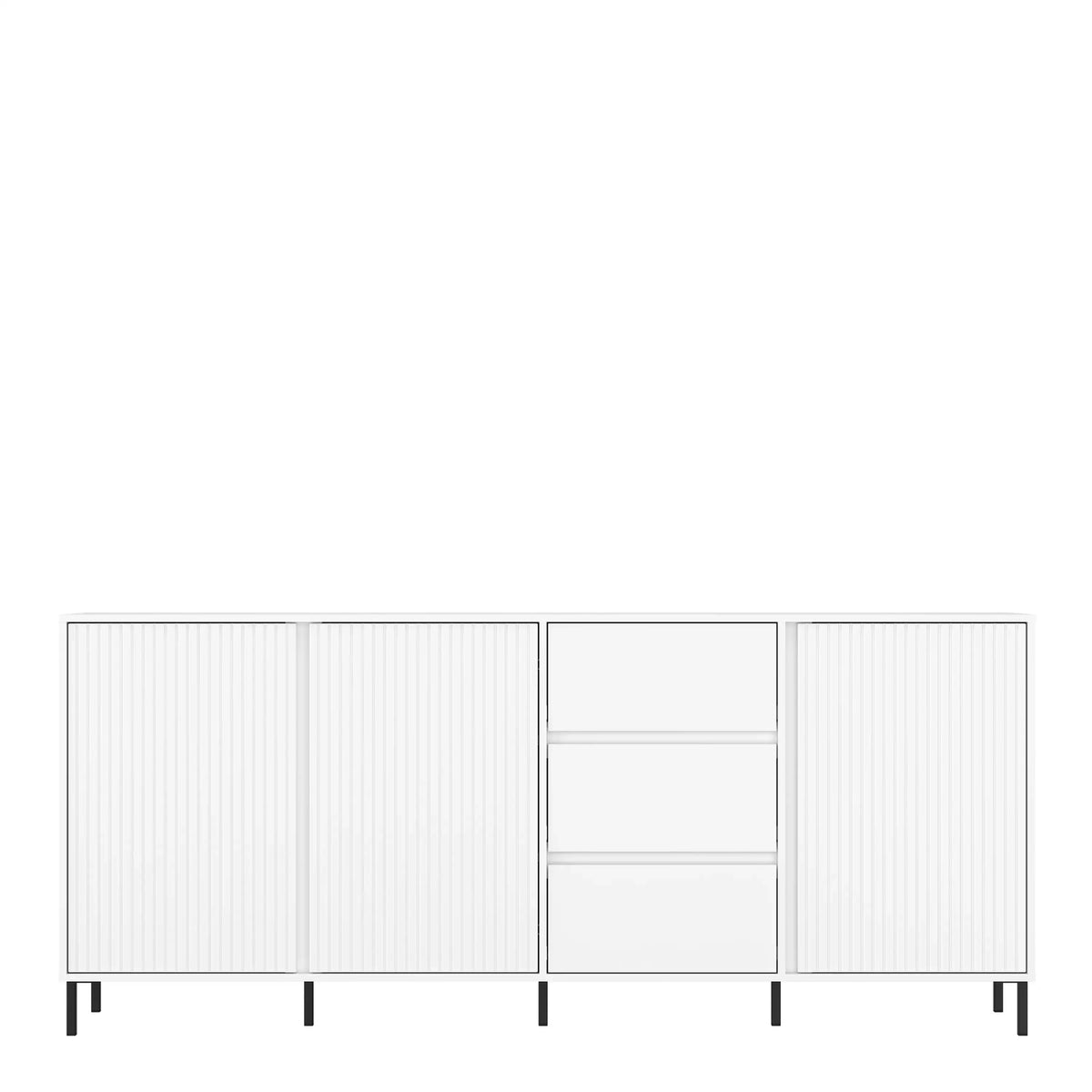A modern white storage cabinet with three tall ribbed doors on the left and right, and three drawers in the center, supported by slim black legs against a plain white background. Main image