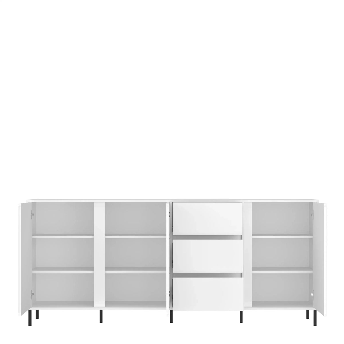White storage unit with front panels on a white background