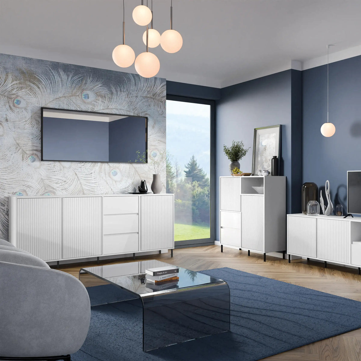 Modern living room with white furniture, blue walls, and decorative elements.
