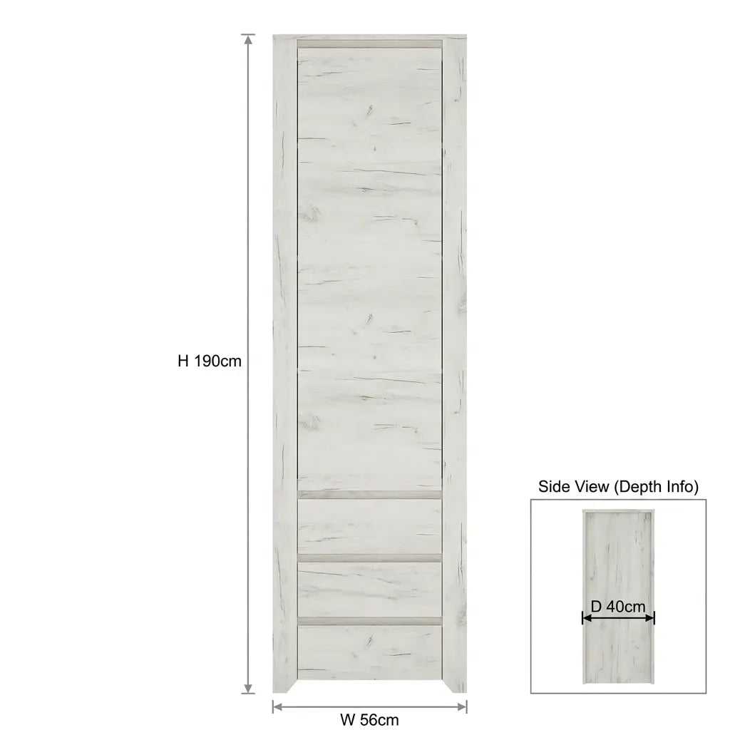 Tall Narrow Cupboard with 1 Door & 3 Drawers – White Craft Oak Secondary image