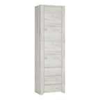 A tall, narrow storage cabinet with a white-washed wood grain finish, featuring a single door and three drawers, shown against a plain white background.