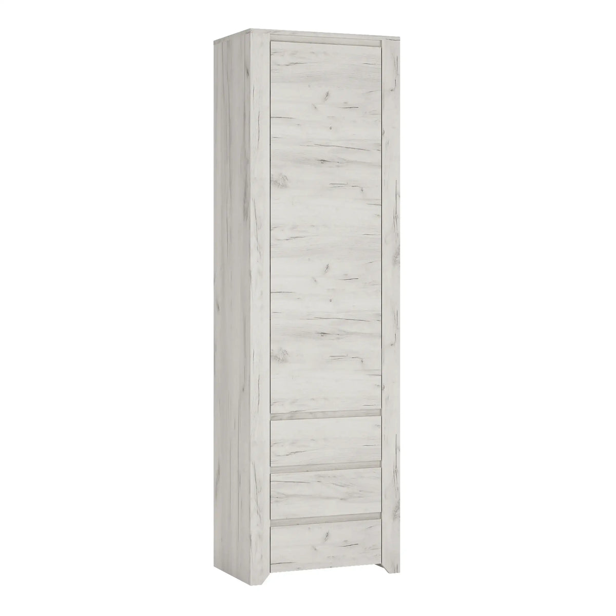 A tall, narrow storage cabinet with a white-washed wood grain finish, featuring a single door and three drawers, shown against a plain white background.