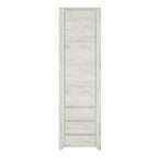 A tall, narrow white wooden cabinet or door panel with a light gray wood grain texture, featuring a central panel and three drawers at the bottom, shown against a plain white background.