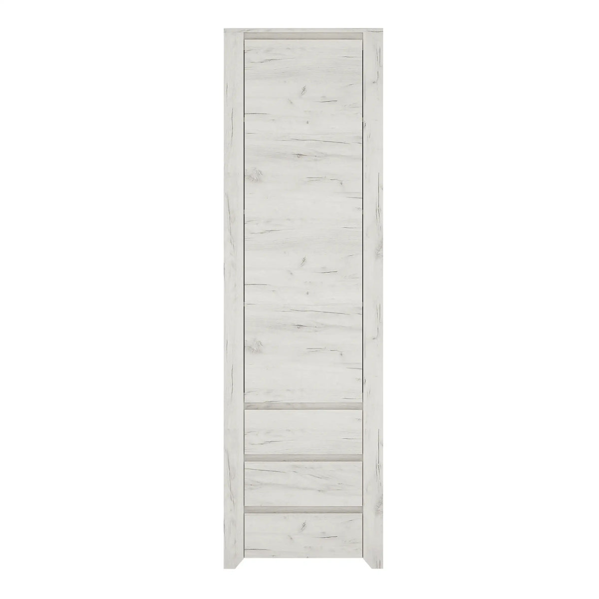 A tall, narrow white wooden cabinet or door panel with a light gray wood grain texture, featuring a central panel and three drawers at the bottom, shown against a plain white background. Main image