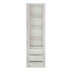 White bookshelf with a single drawer on a white background