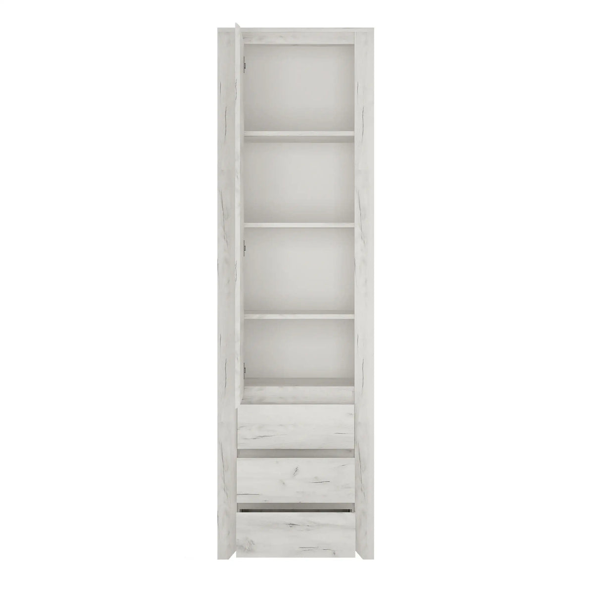 White bookshelf with a single drawer on a white background