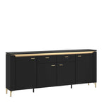 Black sideboard with gold accents on a white background