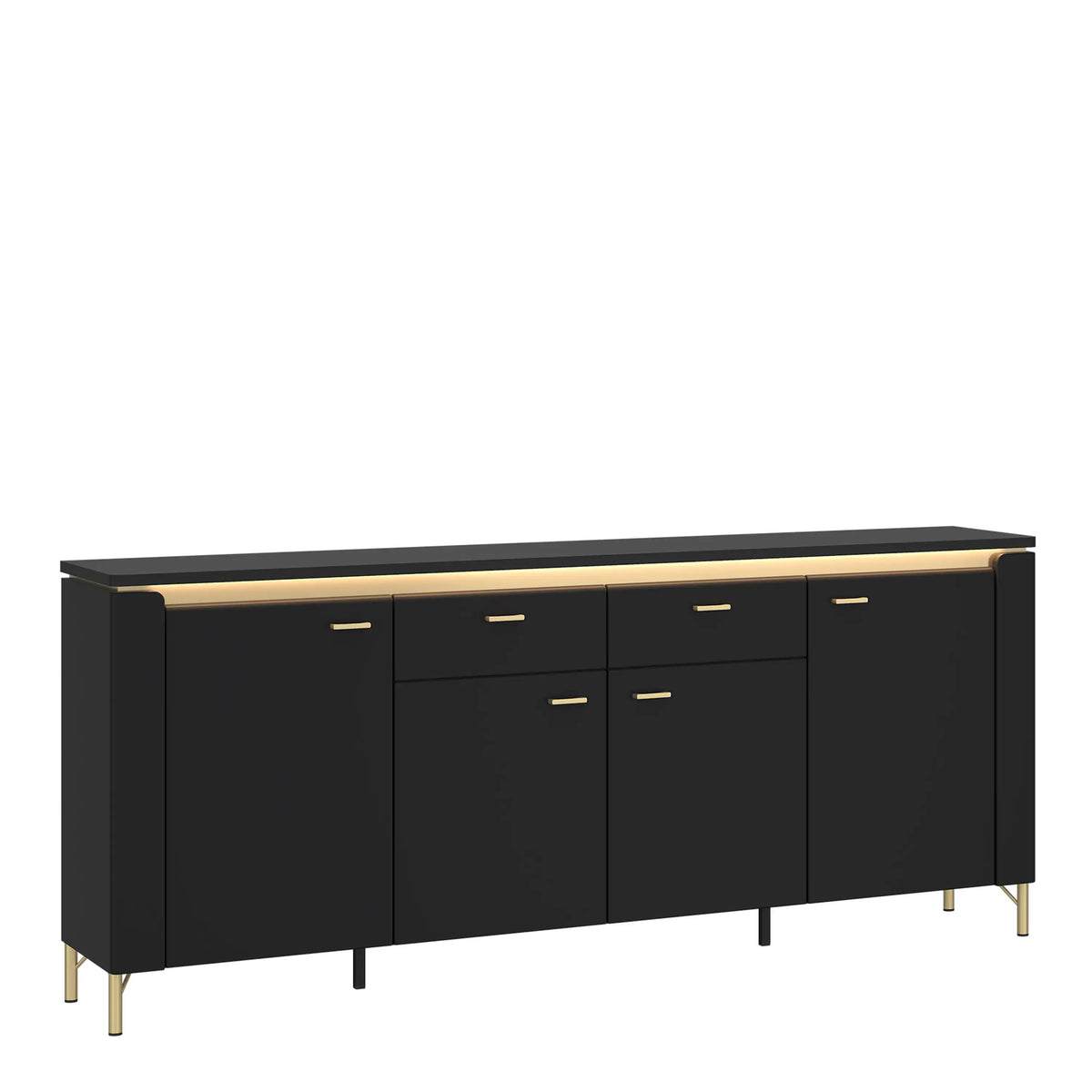 Black sideboard with gold accents on a white background