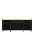 A modern black sideboard with a light wood top, gold slim legs, gold hardware, two central drawers and four open lower shelves, shown with its doors open against a plain white background.